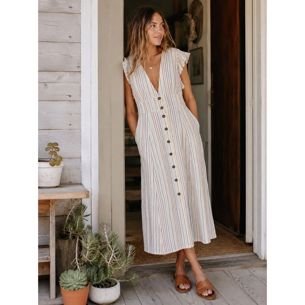 NWT Marine Layer Camila Midi Dress Women S Rainbow‎ Stripe Hemp Flutter Sleeve